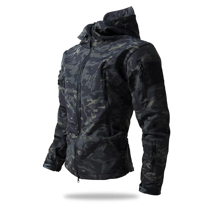 Veste de randonnée homme softshell tactique à capuche, doublée polaire